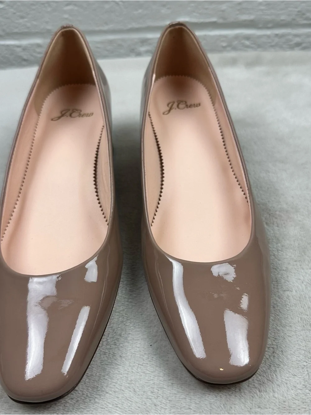 J.Crew Kate Taupe Nude Patent Leather Block Heel Pumps 7.5 Classic Quiet Luxury
